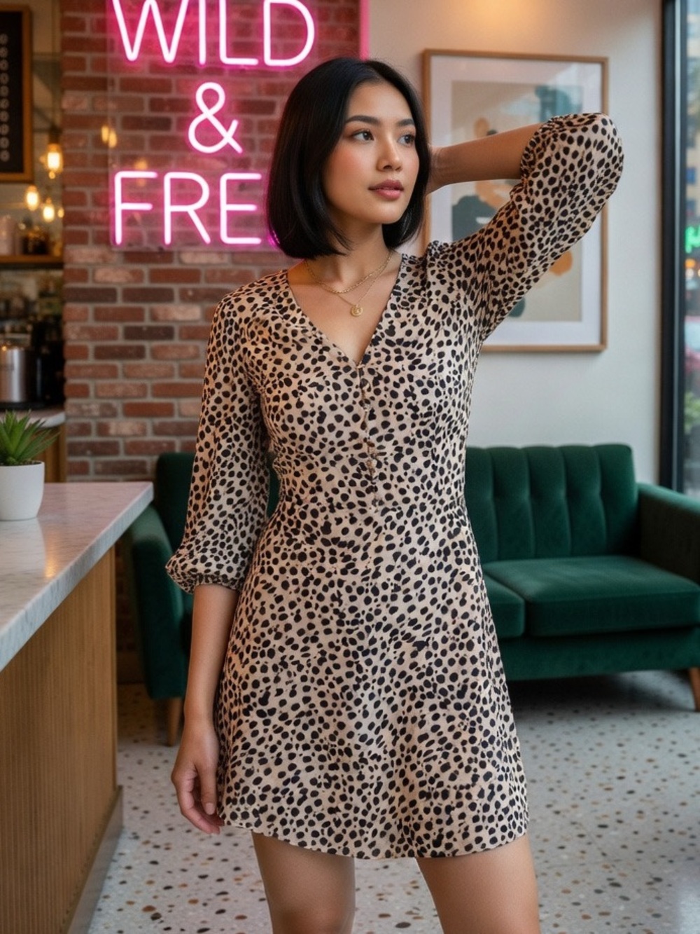& Other Stories Cheetah Print Mini Dress Puff Sleeve V Neck Flare Tan Black